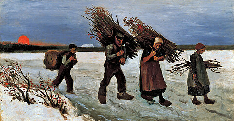 Ein Ölgemälde aus dem Jahr 1884, das eine vierköpfige Familie auf dem Heimweg nach dem Holzsammeln auf einem schneebedeckten Feld darstellt.