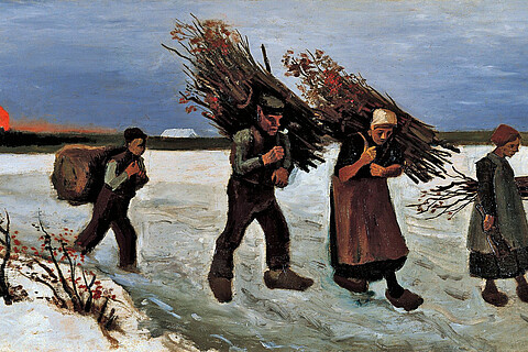 Ein Ölgemälde aus dem Jahr 1884, das eine vierköpfige Familie auf dem Heimweg nach dem Holzsammeln auf einem schneebedeckten Feld darstellt.