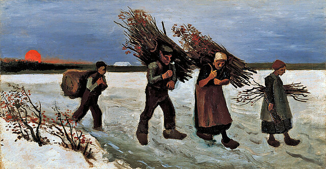 Ein Ölgemälde aus dem Jahr 1884, das eine vierköpfige Familie auf dem Heimweg nach dem Holzsammeln auf einem schneebedeckten Feld darstellt.